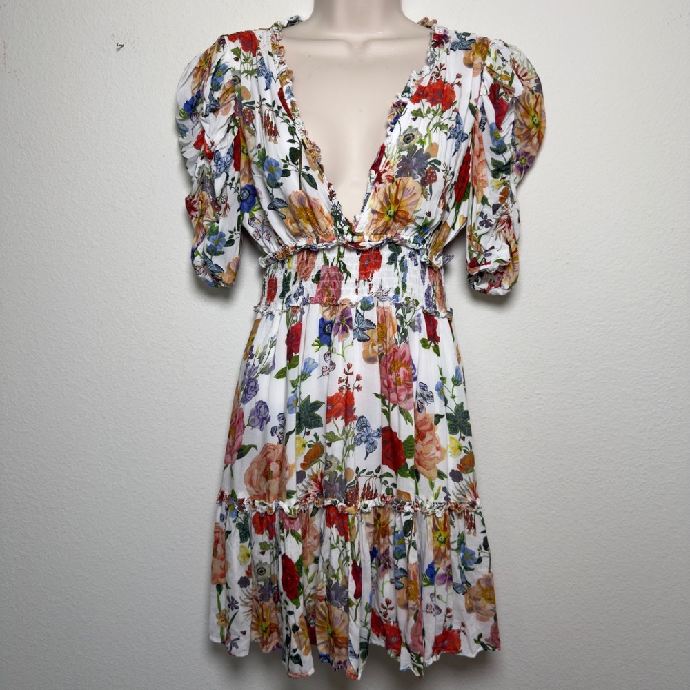 Olivaceous Women Babydoll Dress Small White Floral Butterfly Garden Wedding